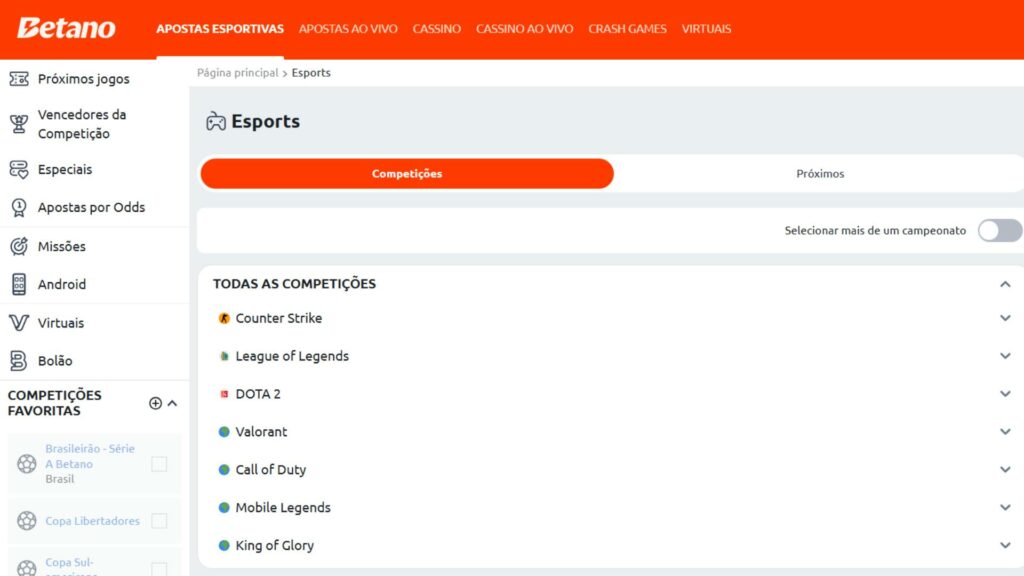 Captura de tela do site oficial da Betano. A imagem mostra as opções de eSports para os apostadores.